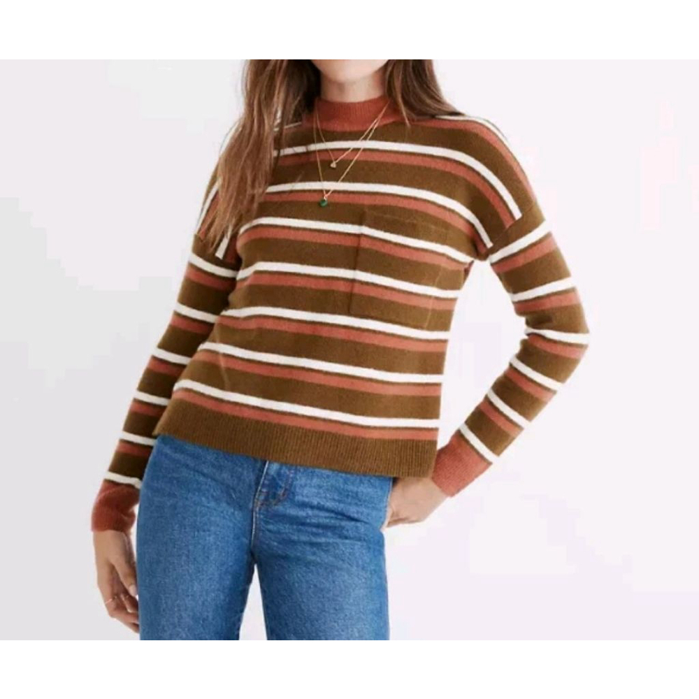 Women's Madewell XXS(Runs Big) Striped Mock Neck Sweater Olive Green Rust White